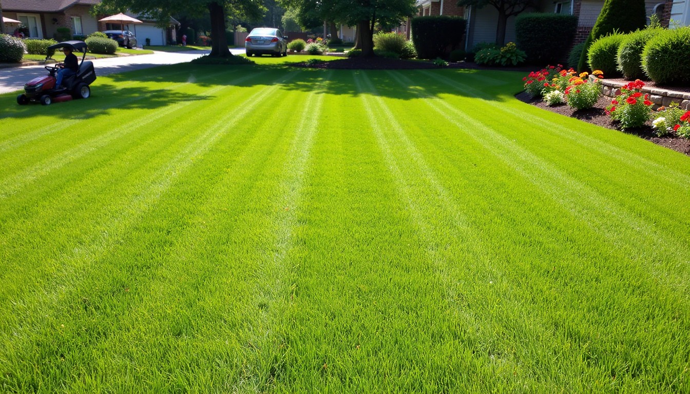 Lawn after mowing with crisp stripe pattern and tidy borders