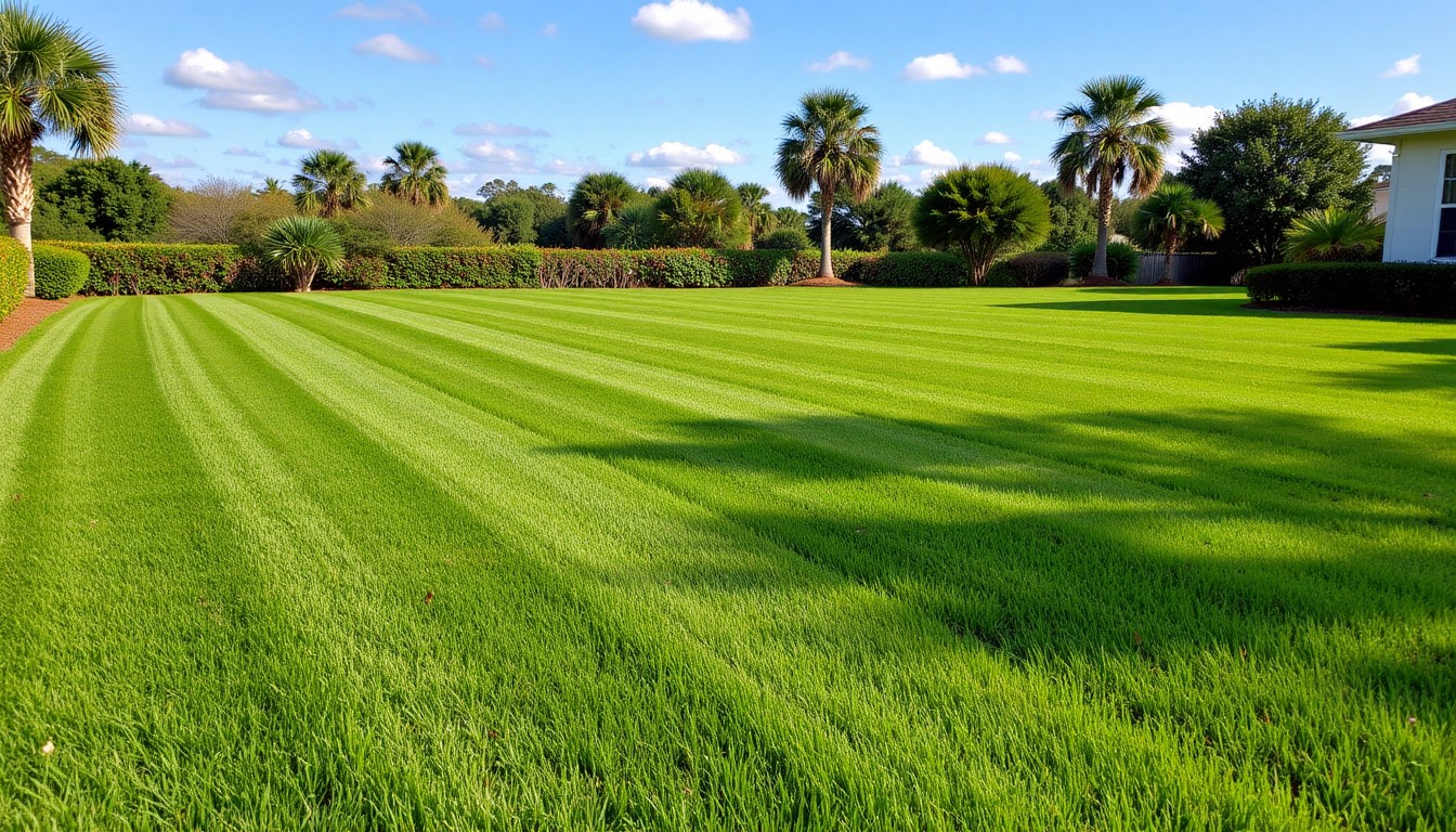Freshly mowed lawn with clean stripes and trimmed edges in Central Florida
